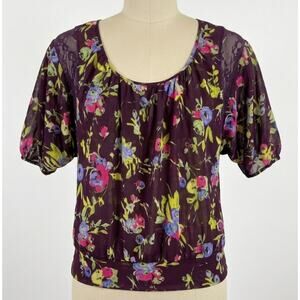 Express Top M Purple Sheer Floral Short Sleeve Cottage Fairy Grunge Garden Y2K